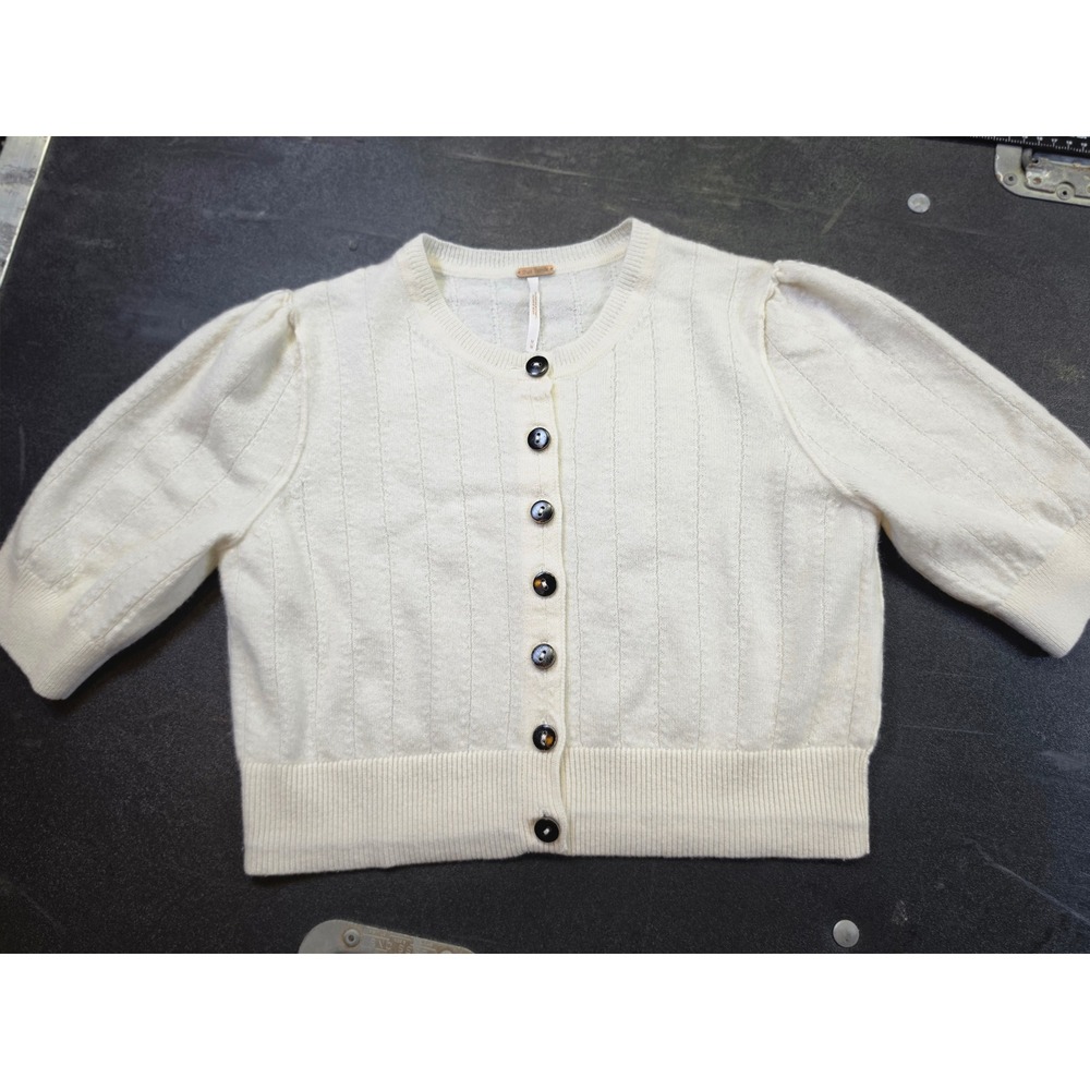 Free People Womens Ivory 100% Cashmere Short Sleeve Cropped Cardigan Sweater M